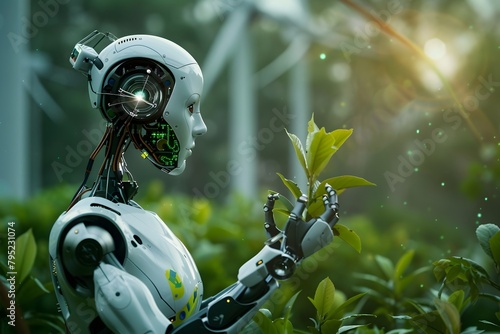 A robot is holding a leaf in a green field. The robot is white and has a green face. The scene is peaceful and serene, with the robot and the leaf being the only objects in the image photo