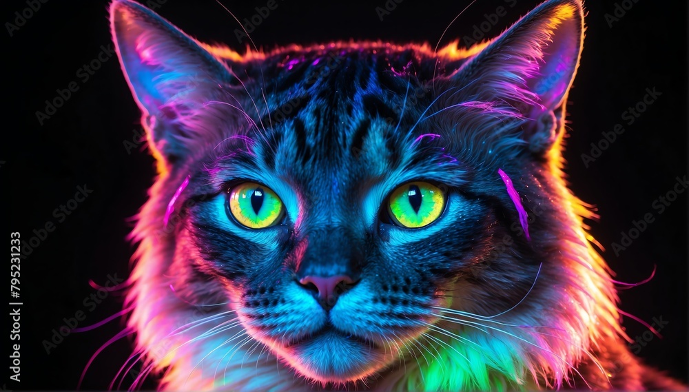 holographic glowing portrait of cat on black dark background from Generative AI