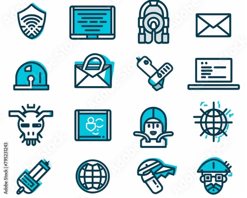 A set of outline icons related to computer hacking and security. photo