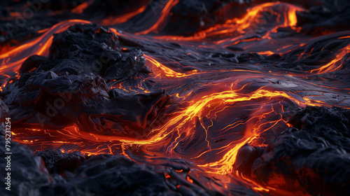 Fiery Lava Flow in Vivid Red and Black, Intense Heat of Volcanic Activity 1