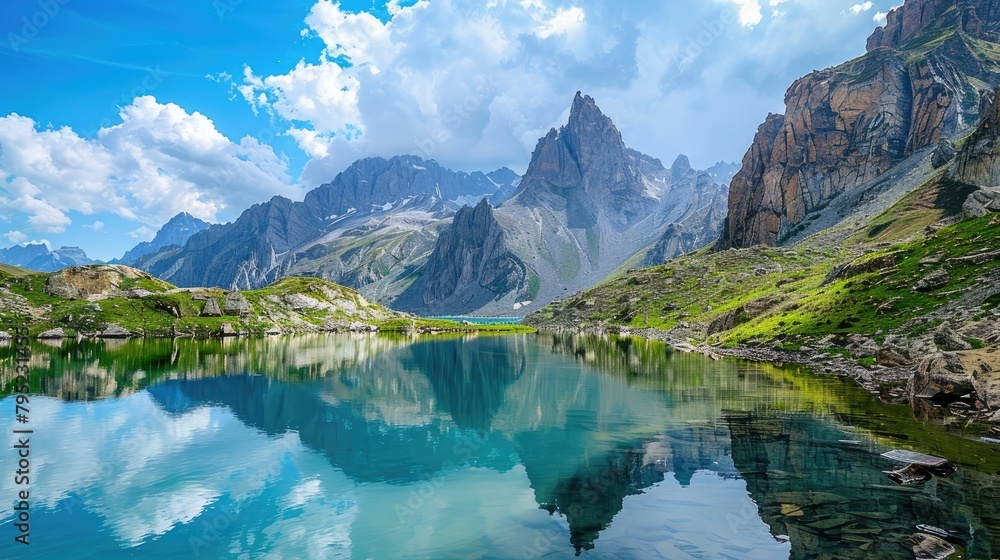 A tranquil lake nestled amidst towering mountains, its pristine surface reflecting the rugged peaks and vibrant sky, creating a breathtaking vista.