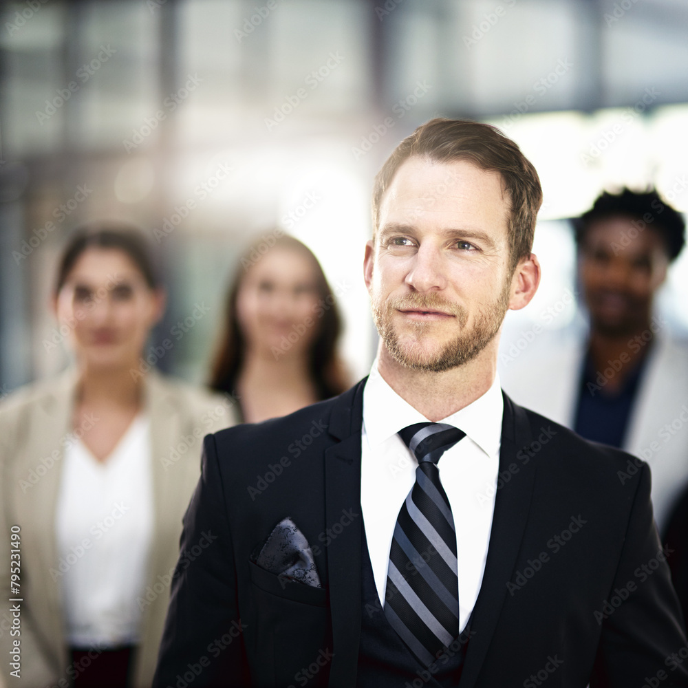 Happy, businessman and vision with team in leadership for corporate improvement, dream or mission at office. Man, leader or employee with smile for career ambition, growth or opportunity at workplace Happy, businessman and vision with team in leadership for corporate improvement, dream or mission at office. Man, leader or employee with smile for career ambition, growth or opportunity at workplace