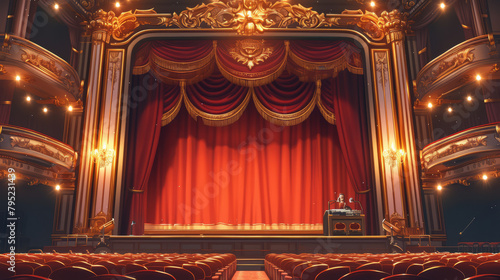 A vintage-style background in a theater, featuring ornate decorations, red velvet curtains