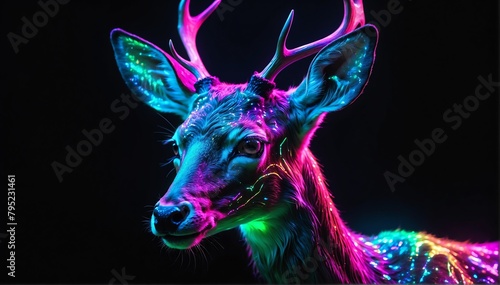 holographic glowing portrait of deer on black dark background from Generative AI