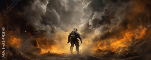 Artistic depiction of a soldier emerging from billowing smoke, set against a dramatic, dark background, capturing a moment of intensity and mystery photo