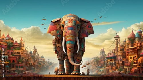 Artistic depiction of a vibrant city constructed on the back of a solitary elephant, isolated against a plain background to highlight cultural fusion photo