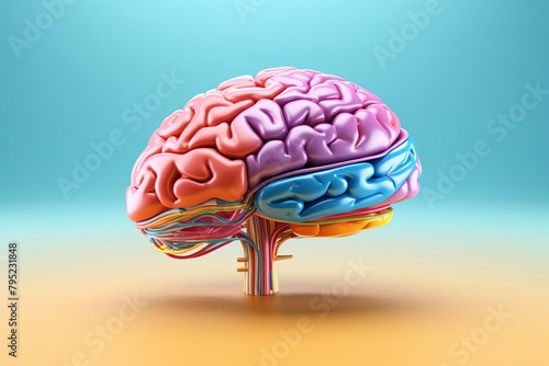 Educational 3D mockup of a brain, featuring labeled sections and vibrant colors against a calming gradient background, ideal for medical students