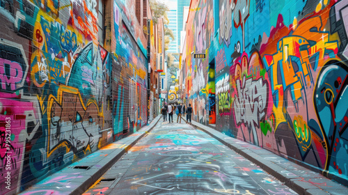 A graffiti covered alleyway with a group of people walking down it photo
