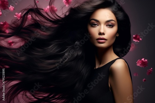 Fashion forward ad featuring a model with luxurious dark hair  silky and flowing  set against a complementary dark hairtoned background to enhance the color