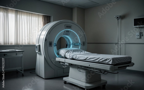 MRI machine in hospital. Professional modern equipment for treatment. Healthy life.