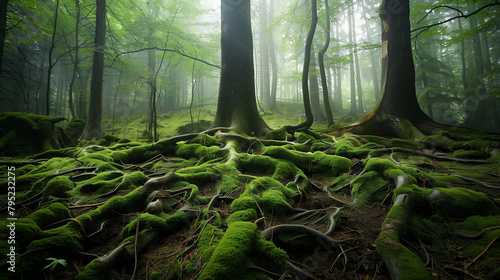 Wallpaper Mural Mystical Foggy Forest with Lush Green Moss and Twisted Tree Roots Torontodigital.ca