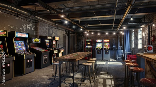 Retro arcade machines in a trendy industrial-style game room with exposed pipes