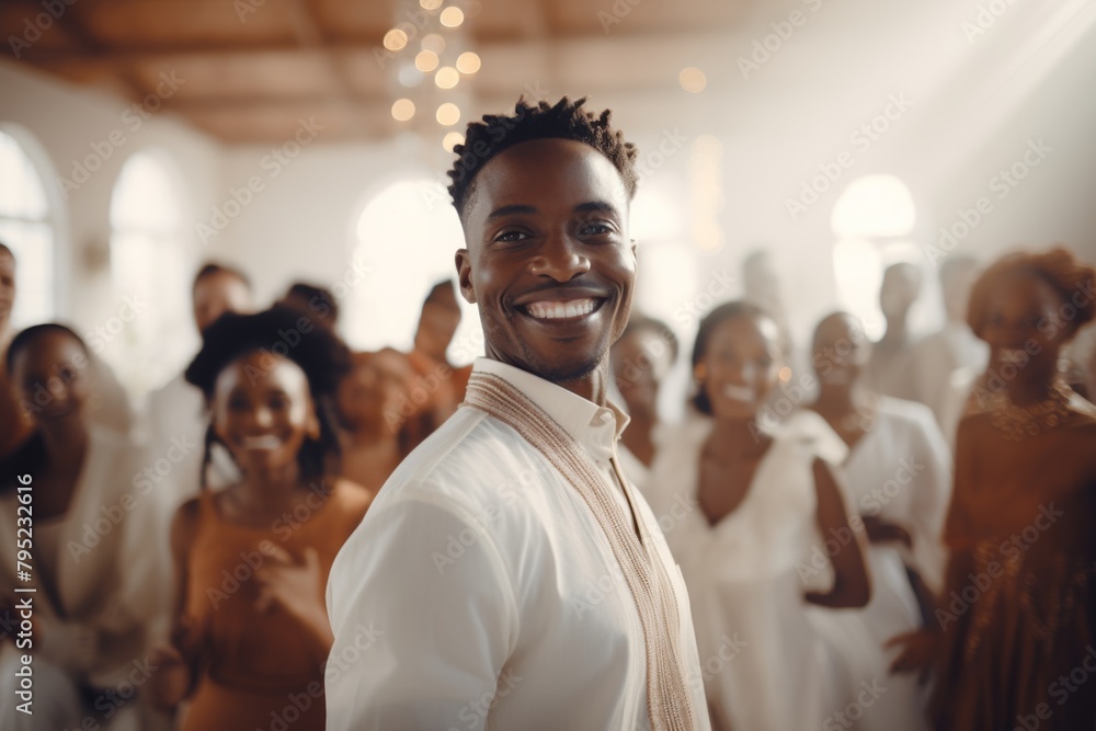 Obraz premium Joyful congregation celebrating with a smiling man in focus.