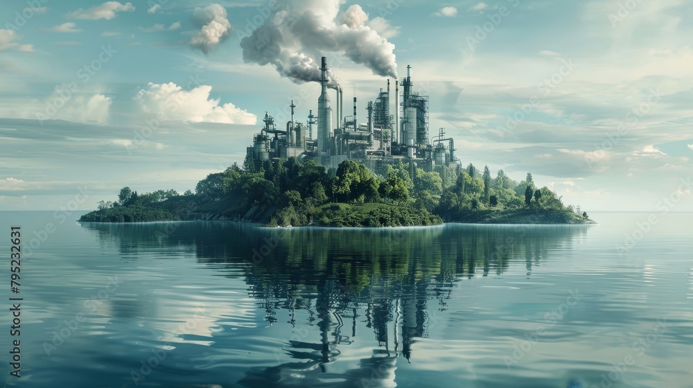 A juxtaposition of industrialism and nature, with a factory built on a green island. A juxtaposition of industrialism and nature, with a factory built on a green island.