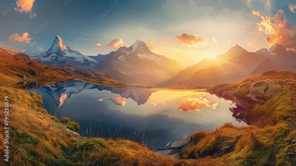 Wonderful evening panorama autumn sunset in nature lake mountain concept background. AI generated - obrazy, fototapety, plakaty 