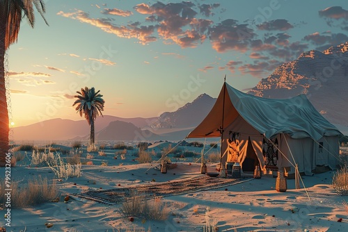 Beduine tent encampment in a desert environment.