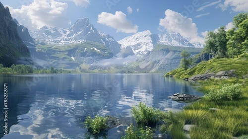 Beautiful large panorama of mountain range with calm lake water landscape. AI generated image