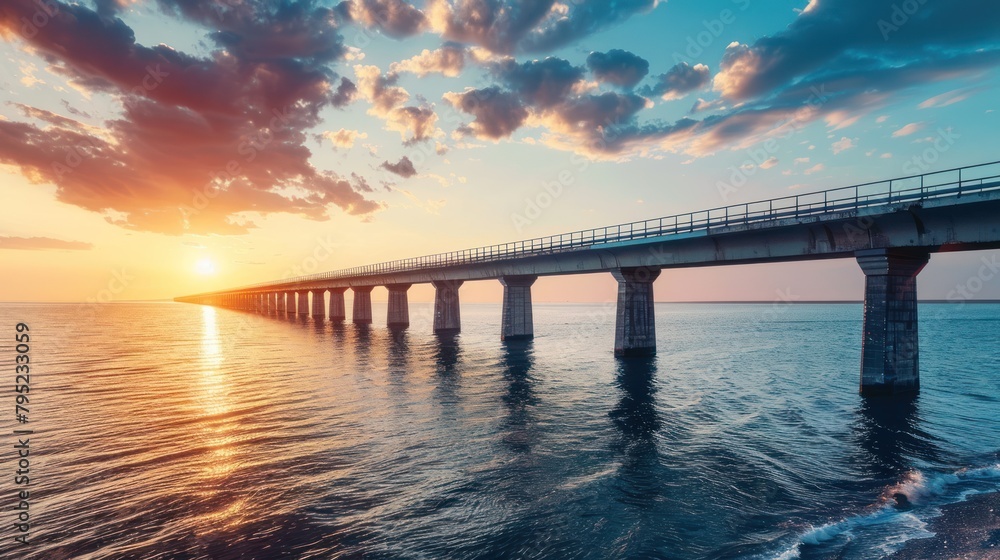 Panoramic a long bridge over the sea during sunset background. AI generated image