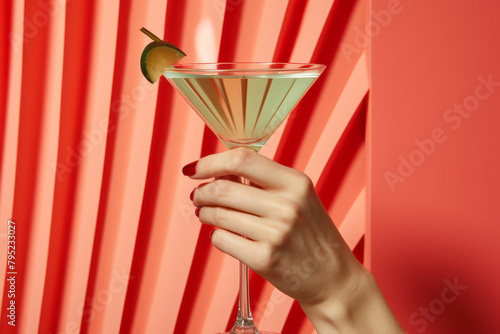 A glass with martini or cocktail in a woman's hand on red background © Androlia