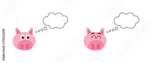Cute young pink pig dreaming with bubbles and white background - vector
