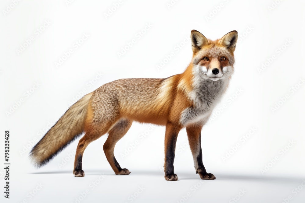 Fototapeta premium Fox standing, vibrant fur details, isolated on white, wildlife concept