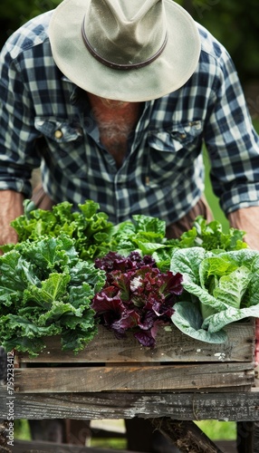 Unidentified chef gathering fresh organic vegetables from the fields on a sunny day at the farm