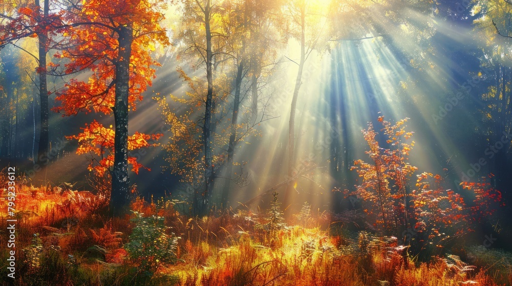 Autumn scenery of nature forest in morning with sun rays through branches trees. AI generated
