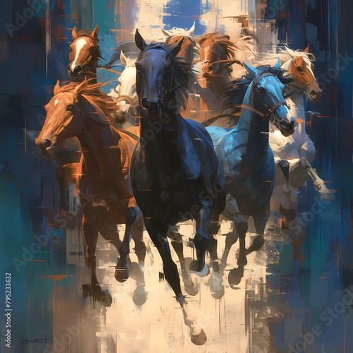 A captivating oil painting of galloping horses in a grand stable, evoking the energy and beauty of equestrian life. Perfect for promoting sports or showcasing artistic mastery.