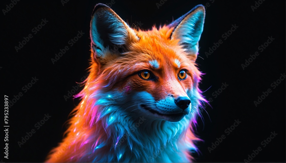 holographic glowing portrait of fox on black dark background from Generative AI