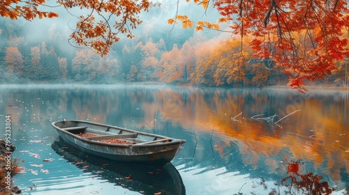 Boat on the lake in the autumn forest nature landscape background. AI generated image