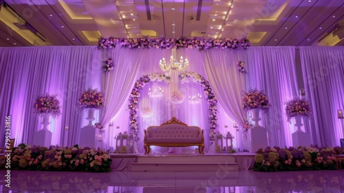 Wedding stage decoration background inside the building with elegant and beautiful flower decorations