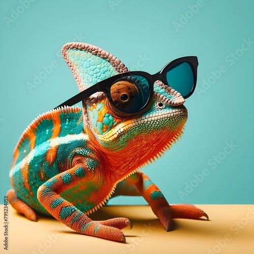 chameleon wearing sunglasses on a solid color background vector art digital art faceted minimal abstract panorama background generative ai