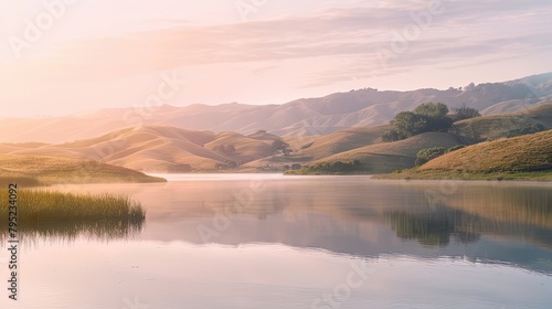 A tranquil lake nestled amidst rolling hills, the soft light of dawn painting the scene in shades of pink and gold.