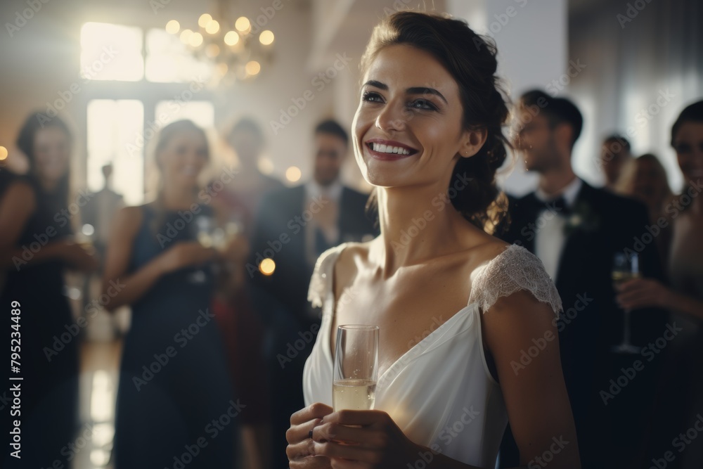 Bride at wedding reception, glowing, celebration of love.