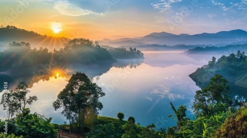Beautiful panoramic foggy lake rainforest in morning landscape. AI generated image
