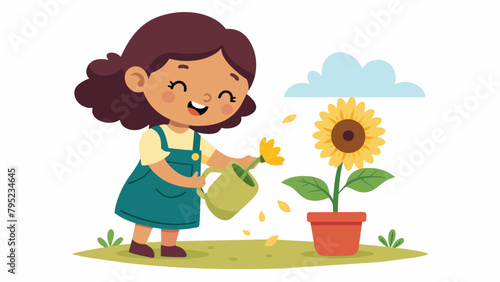 A little girl beaming with joy as she carefully waters her very own sunflower plant her face smeared with dirt from her handson gardening