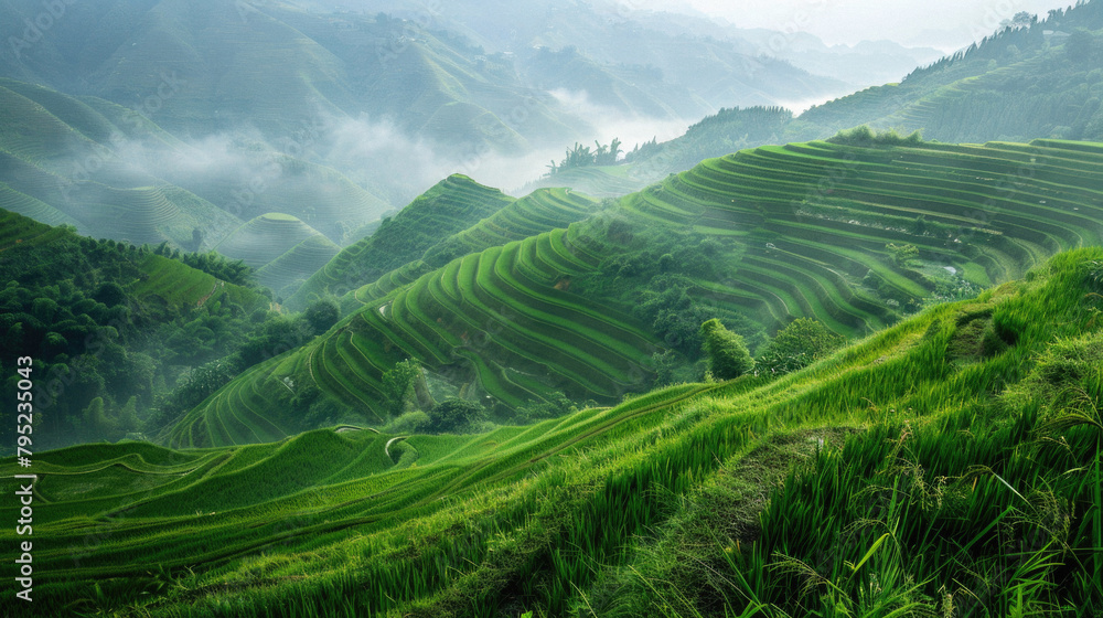 A lush green hillside with a misty sky in the background