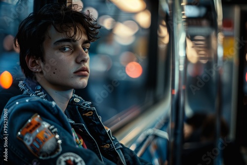 An introspective looking young male in a denim jacket with badges on a city train