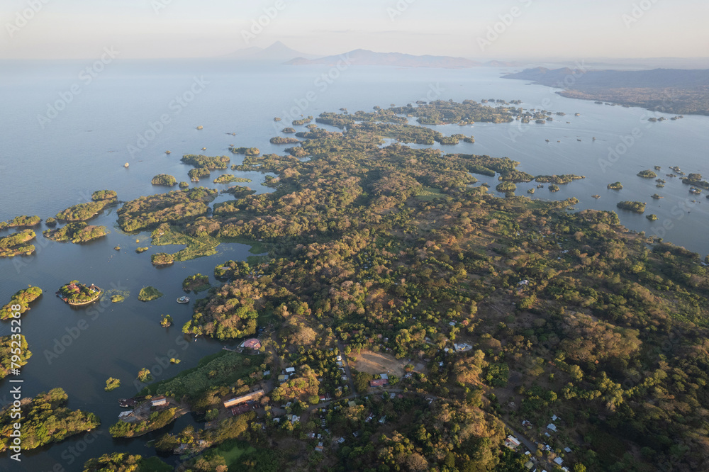 Isletas lake  with islands aerial drone view