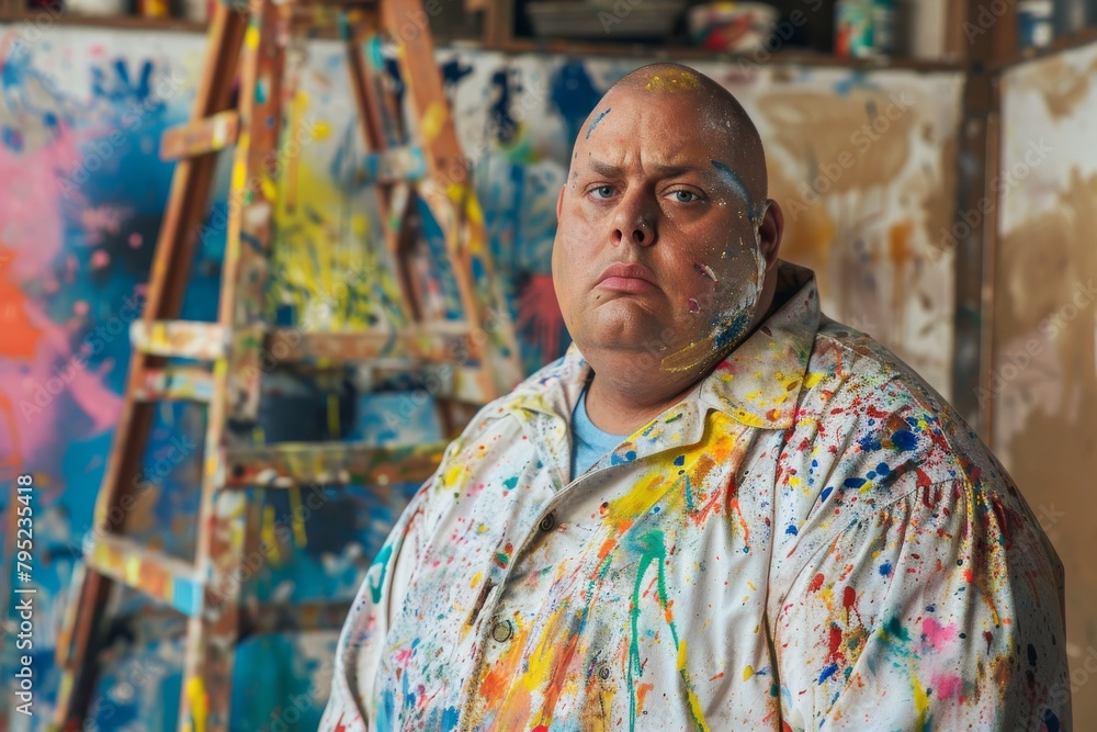 An artist covered in paint stands solemnly in his vibrant, color-splattered studio, a story of creativity