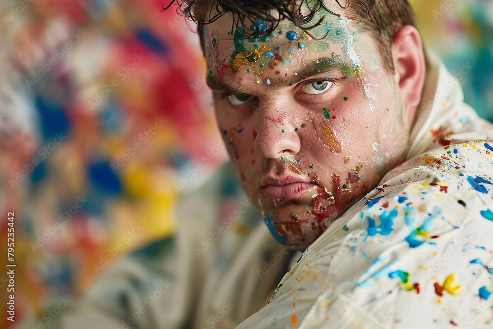 A white painter's coat adorned with a plethora of paint splatters and stains reflects the dynamic act of artistic creation