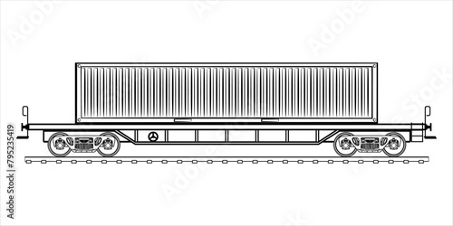 Railroad cargo container wagon - outline vector  illustration. High detailed flat car railway wagon on white background. A hand drawn of a transport cargo wagon. Flat illustration view from side.