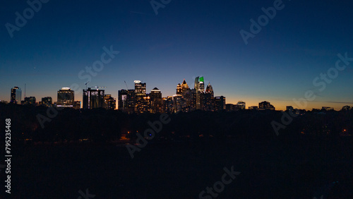 Aerial panoramic view of Atlanta skyline during sunset