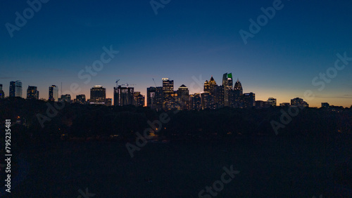 Panoramic aerial view of Atlanta skyline during sunset shot from Piedmont Park