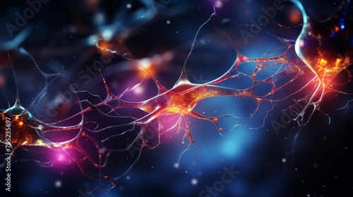 3D rendering of a motor neuron showing electrical impulses traveling along the axon, illustrating neural communication in a vibrant, visual format