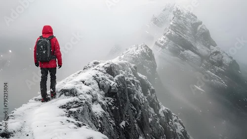 A Lone Explorer's Ascent to the Cloud-Shrouded Peak. Concept Adventure, Exploration, Nature, Mountain Climbing, Solitude photo
