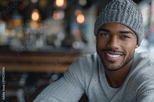 Handsome smiling young African American man wearing a beanie in a well-lit indoor setting photo