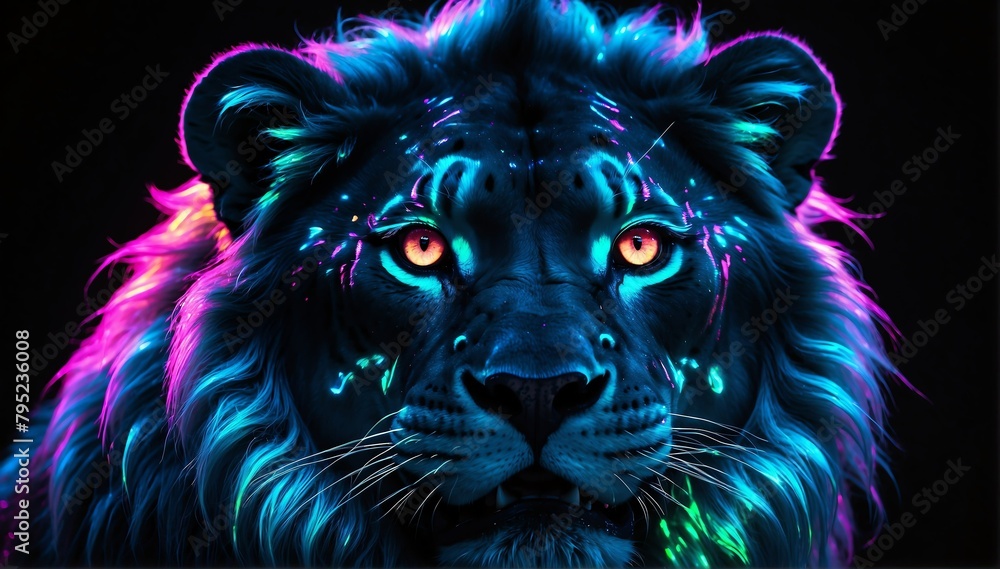 holographic glowing portrait of lion on black dark background from Generative AI