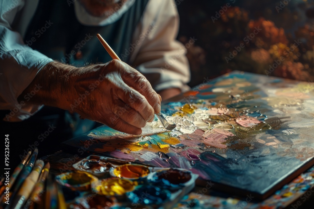 An artist meticulously adds color to the canvas, bringing life to his creation with a vivid palette of oil paints An artist meticulously adds color to the canvas, bringing life to his creation with a vivid palette of oil paints