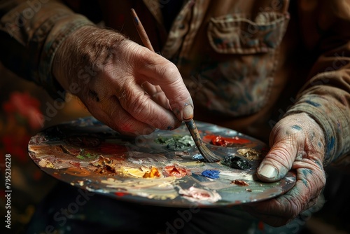Close-up image of an artist's hands covered in paint, mixing various vibrant oil paints on a well-used palette photo
